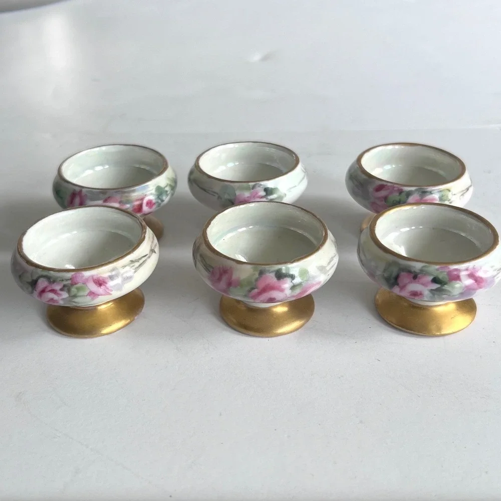 Vintage Hand Painted Porcelain Salt Cellars Set of 6 Pink Rose Gold Footed Bowls